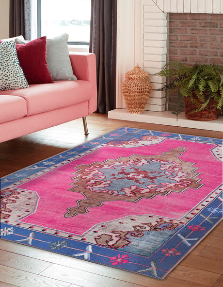 Washable Fuchsia 6' x 9' Timeless Rectangle Area Rug Easy to Clean Stain Resistant & Durable Traditional Classic Vintage Design Carpet for Sale at Rug Engine