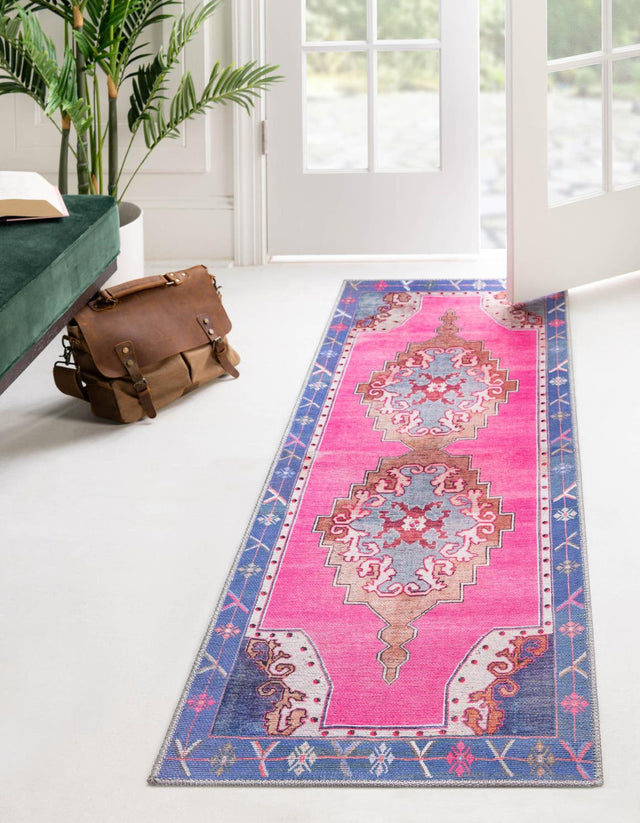 Washable Fuchsia 2' 6 x 14' Timeless Runner Area Rug Easy to Clean Stain Resistant & Durable Traditional Classic Vintage Design Carpet for Sale at Rug Engine
