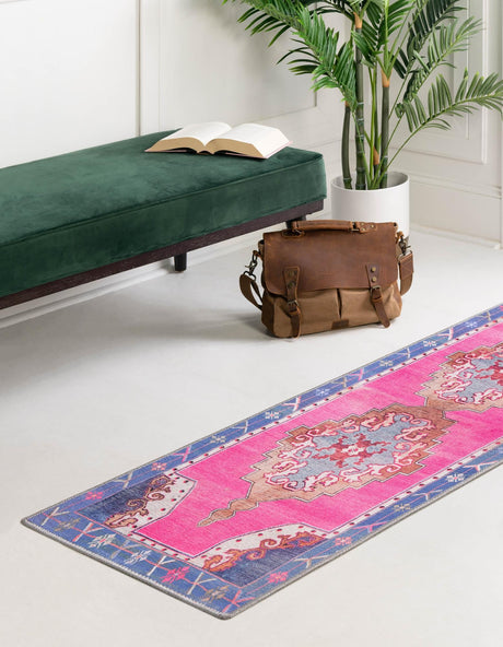 Washable Fuchsia 2' x 4' Timeless Runner Area Rug Easy to Clean Stain Resistant & Durable Traditional Classic Vintage Design Carpet for Sale at Rug Engine