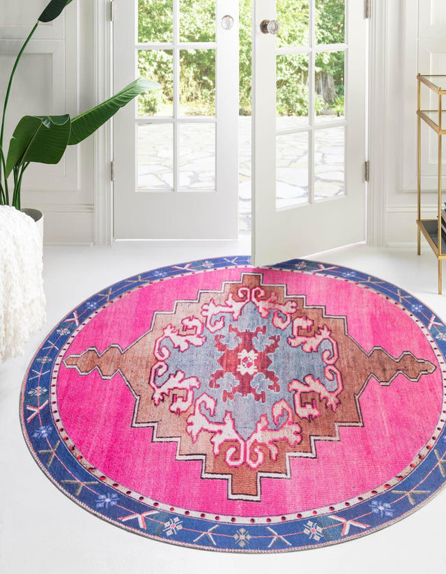 Washable Fuchsia 6' x 6' Timeless Round Area Rug Easy to Clean Stain Resistant & Durable Traditional Classic Vintage Design Carpet for Sale at Rug Engine