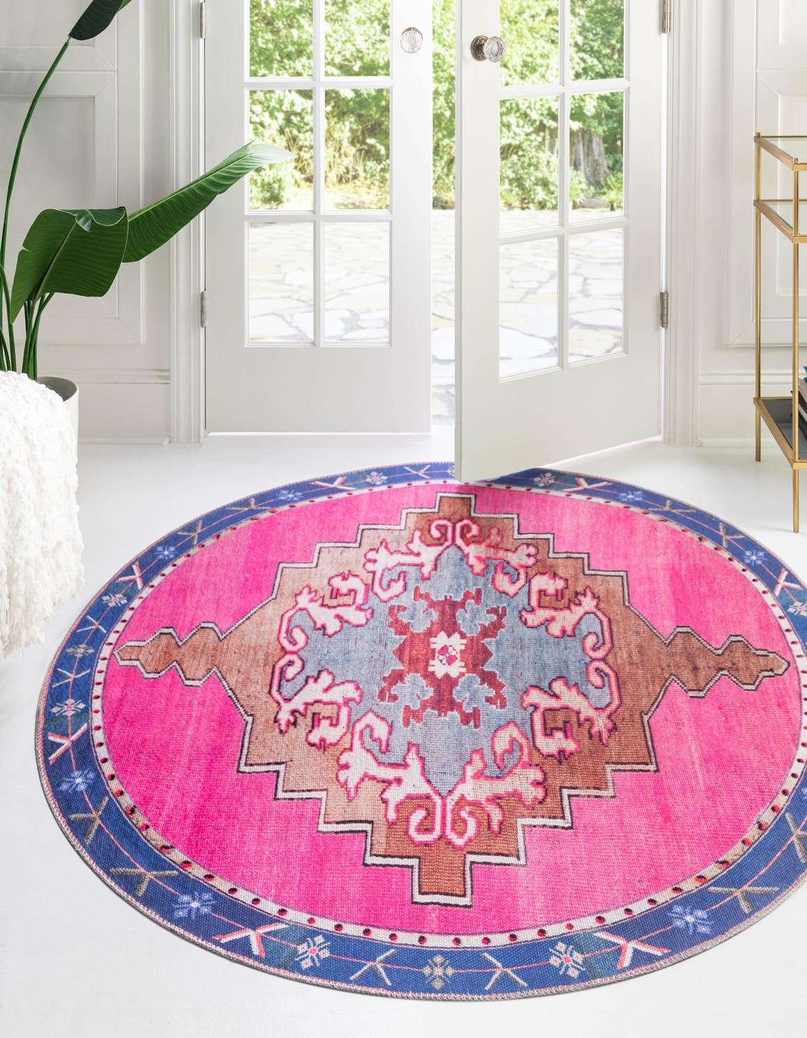 Washable Fuchsia 5' x 5' Timeless Round Area Rug Easy to Clean Stain Resistant & Durable Traditional Classic Vintage Design Carpet for Sale at Rug Engine