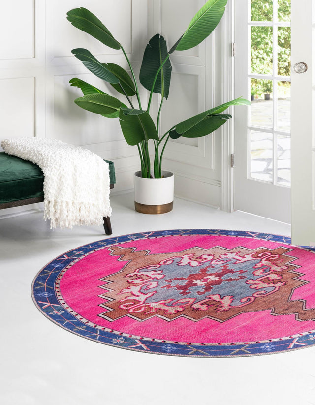 Washable Fuchsia 6' x 6' Timeless Round Area Rug Easy to Clean Stain Resistant & Durable Traditional Classic Vintage Design Carpet for Sale at Rug Engine