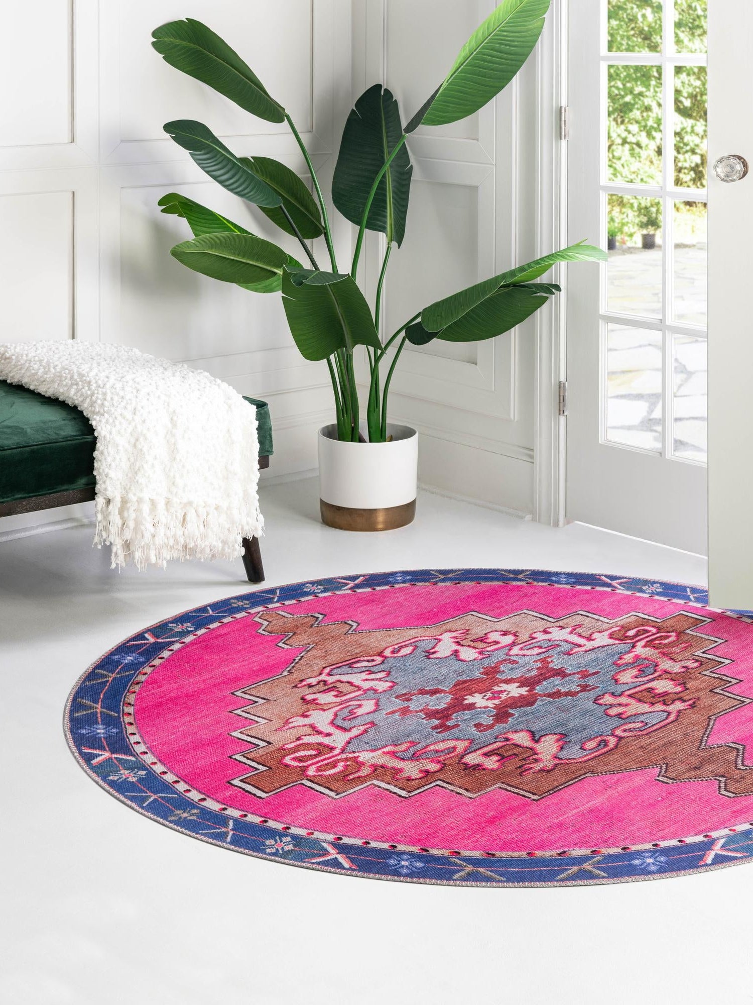 Washable Fuchsia 3' 6 x 3' 6 Timeless Round Area Rug Easy to Clean Stain Resistant & Durable Traditional Classic Vintage Design Carpet for Sale at Rug Engine