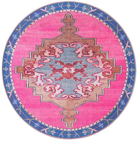 Washable Fuchsia 5' x 5' Timeless Round Area Rug Easy to Clean Stain Resistant & Durable Traditional Classic Vintage Design Carpet for Sale at Rug Engine
