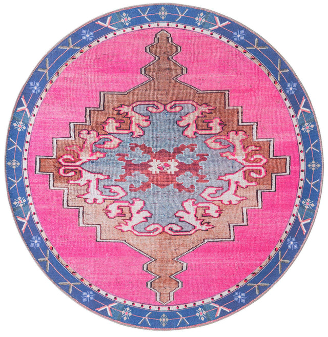 Washable Fuchsia 5' x 5' Timeless Round Area Rug Easy to Clean Stain Resistant & Durable Traditional Classic Vintage Design Carpet for Sale at Rug Engine