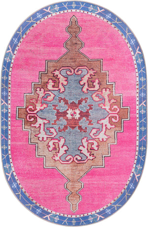 Washable Fuchsia 4' x 6' Timeless Oval Area Rug Easy to Clean Stain Resistant & Durable Traditional Classic Vintage Design Carpet for Sale at Rug Engine
