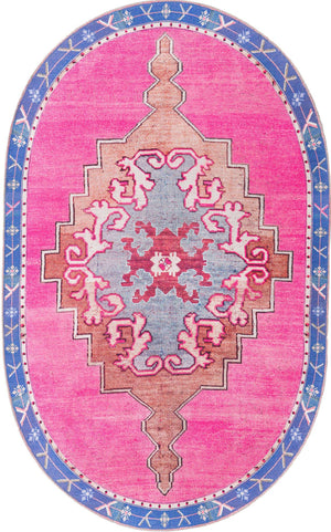 Washable Fuchsia 5' x 8' Timeless Oval Area Rug Easy to Clean Stain Resistant & Durable Traditional Classic Vintage Design Carpet for Sale at Rug Engine