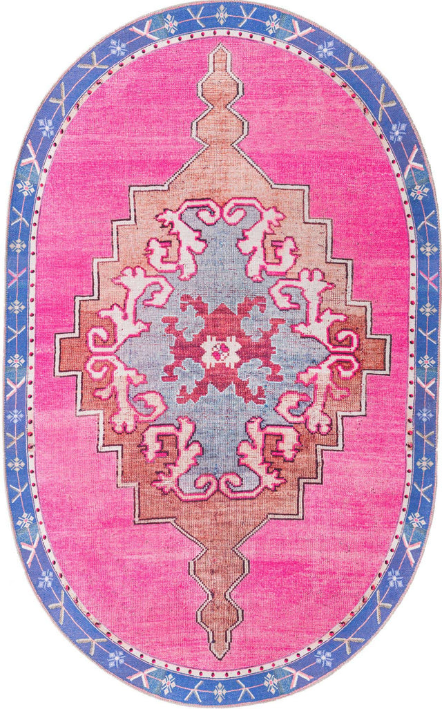 Washable Fuchsia 5' x 8' Timeless Oval Area Rug Easy to Clean Stain Resistant & Durable Traditional Classic Vintage Design Carpet for Sale at Rug Engine