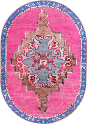 Washable Fuchsia 7' 6 x 10' 6 Timeless Oval Area Rug Easy to Clean Stain Resistant & Durable Traditional Classic Vintage Design Carpet for Sale at Rug Engine