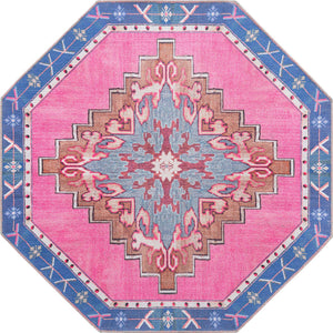 Washable Fuchsia 5' x 5' Timeless Octagon Area Rug Easy to Clean Stain Resistant & Durable Traditional Classic Vintage Design Carpet for Sale at Rug Engine