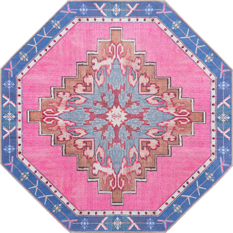 Washable Fuchsia 5' x 5' Timeless Octagon Area Rug Easy to Clean Stain Resistant & Durable Traditional Classic Vintage Design Carpet for Sale at Rug Engine