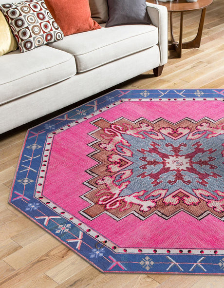 Washable Fuchsia 5' x 5' Timeless Octagon Area Rug Easy to Clean Stain Resistant & Durable Traditional Classic Vintage Design Carpet for Sale at Rug Engine