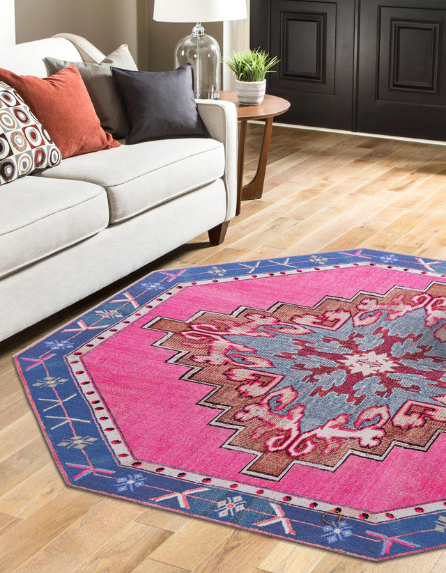 Washable Fuchsia 5' x 5' Timeless Octagon Area Rug Easy to Clean Stain Resistant & Durable Traditional Classic Vintage Design Carpet for Sale at Rug Engine