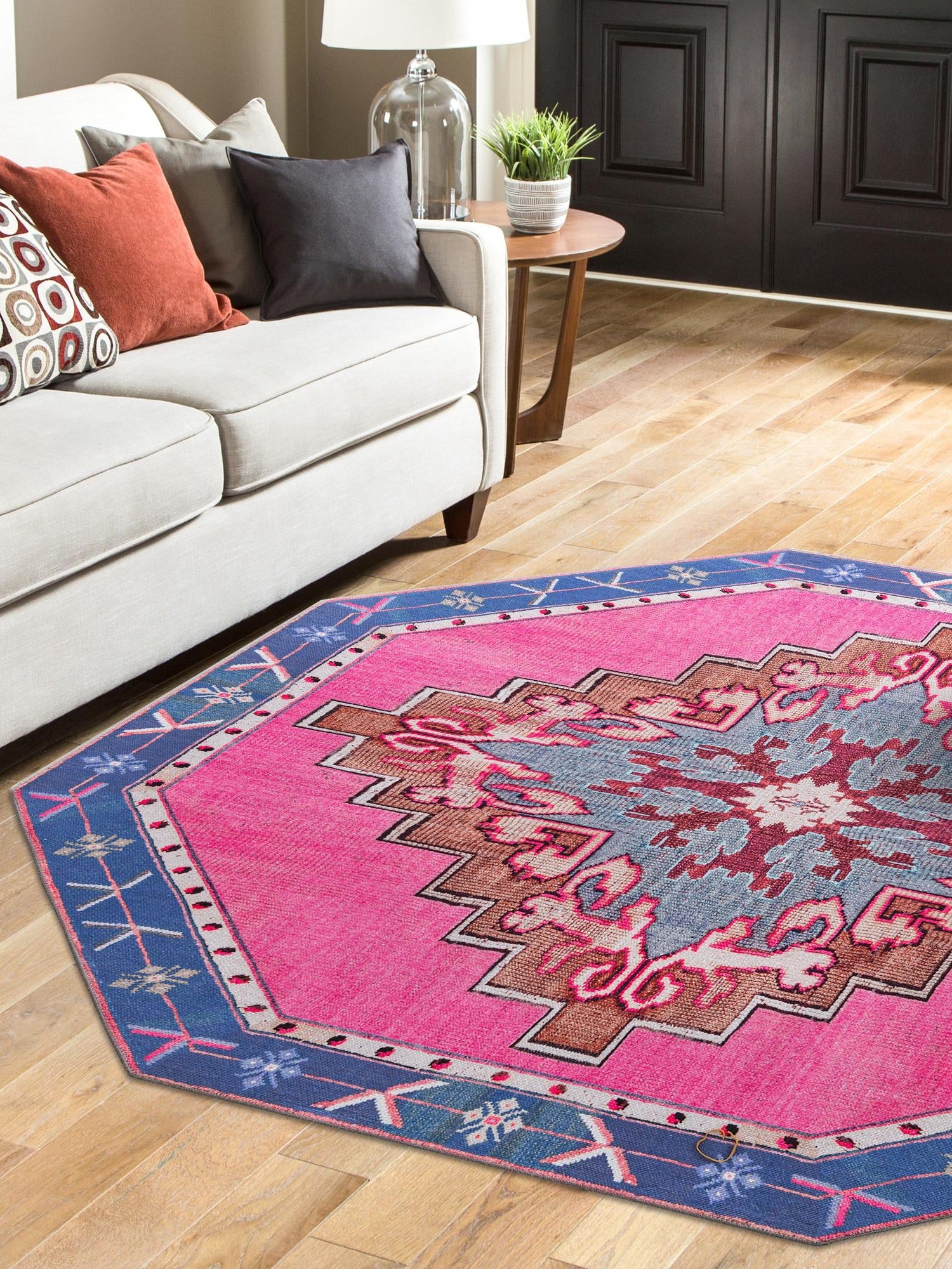 Washable Fuchsia 7' 6 x 7' 6 Timeless Octagon Area Rug Easy to Clean Stain Resistant & Durable Traditional Classic Vintage Design Carpet for Sale at Rug Engine