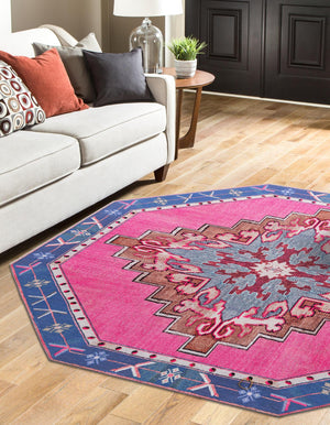 Washable Fuchsia 7' 6 x 7' 6 Timeless Octagon Area Rug Easy to Clean Stain Resistant & Durable Traditional Classic Vintage Design Carpet for Sale at Rug Engine