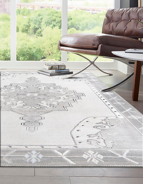 Washable white Gray 2' x 3' Timeless Rectangle Area Rug Easy to Clean Stain Resistant & Durable Traditional Classic Vintage Design Carpet for Sale at Rug Engine