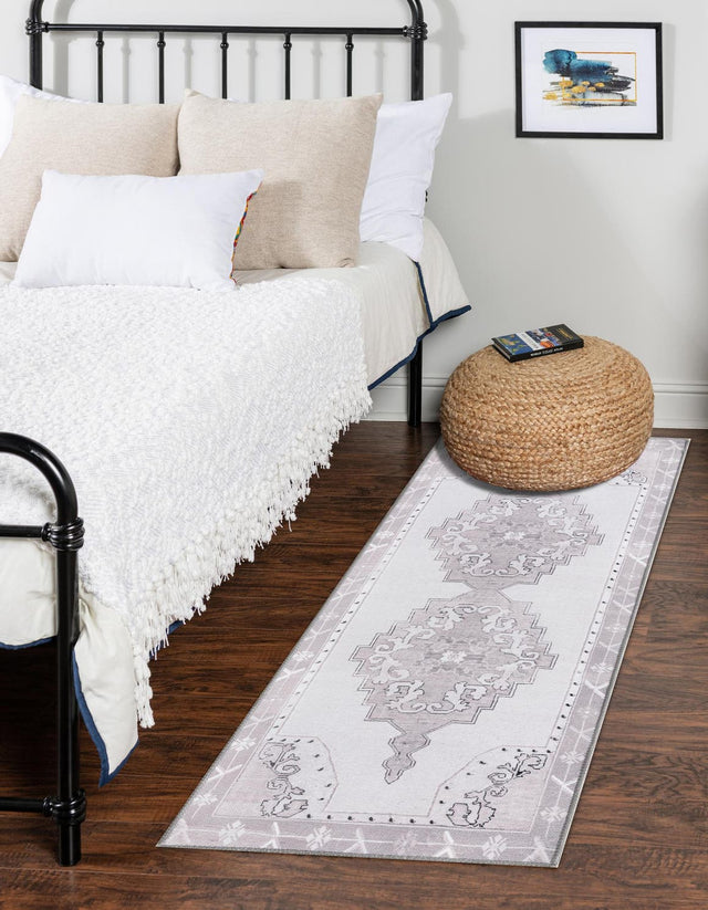 Washable white Gray 2' 6 x 12' Timeless Runner Area Rug Easy to Clean Stain Resistant & Durable Traditional Classic Vintage Design Carpet for Sale at Rug Engine