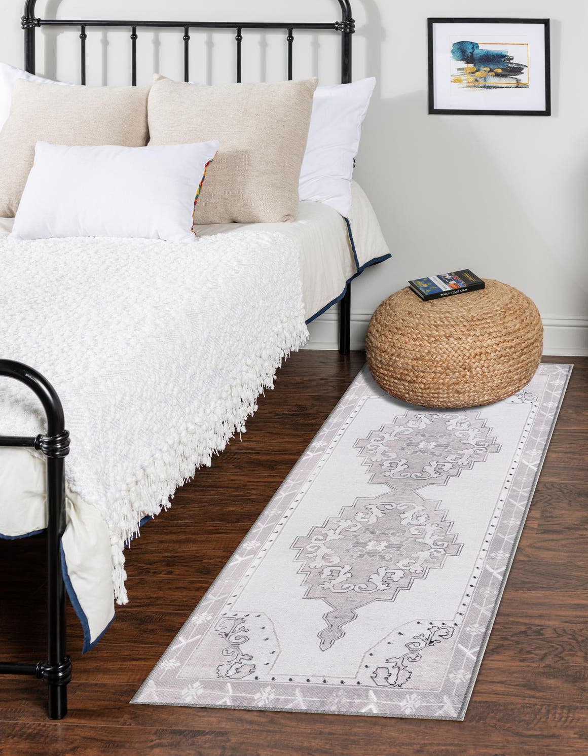 Washable white Gray 2' x 6' Timeless Runner Area Rug Easy to Clean Stain Resistant & Durable Traditional Classic Vintage Design Carpet for Sale at Rug Engine