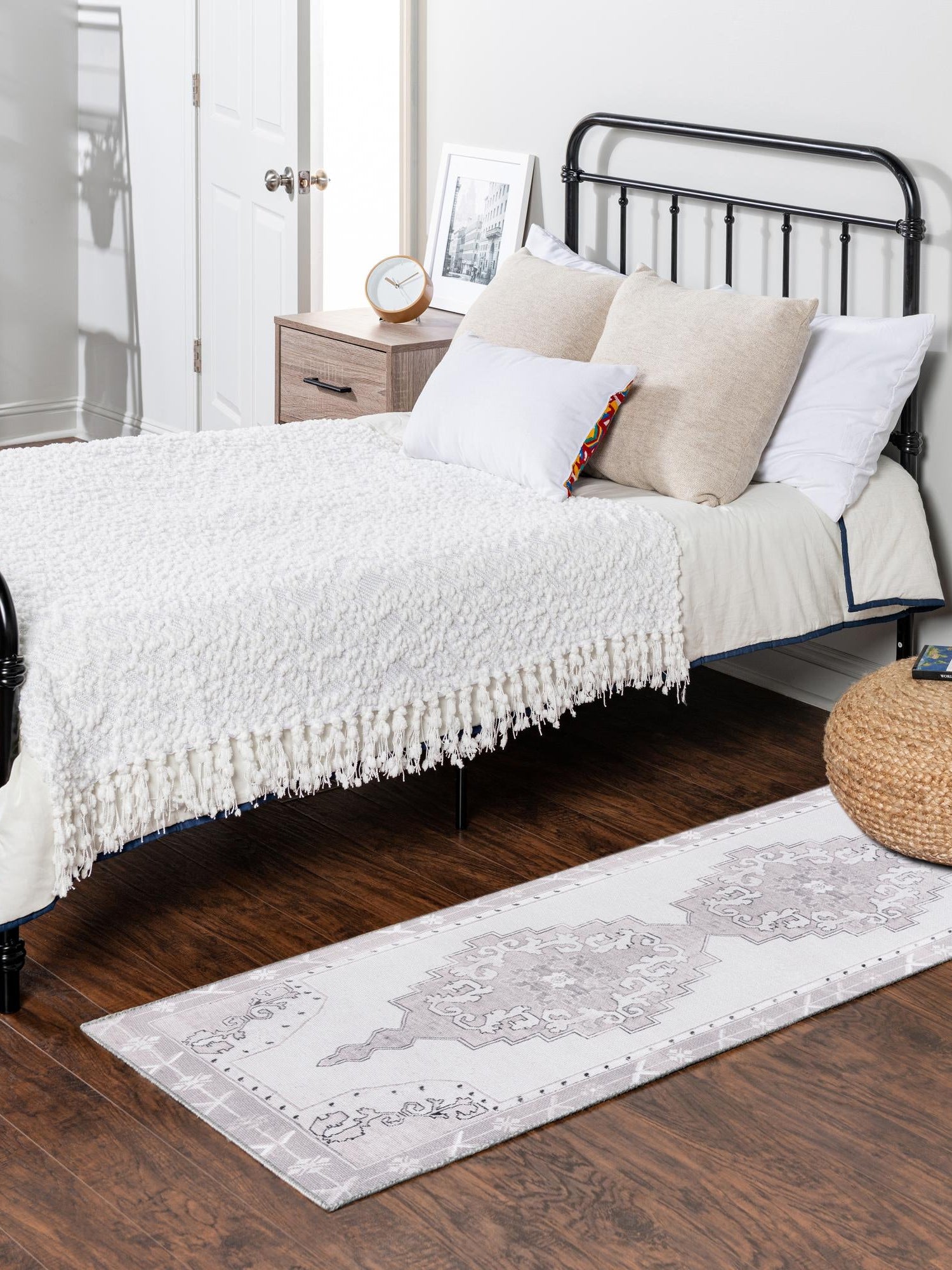 Washable white Gray 2' 6 x 10' Timeless Runner Area Rug Easy to Clean Stain Resistant & Durable Traditional Classic Vintage Design Carpet for Sale at Rug Engine