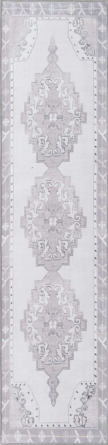 Washable white Gray 2' 6 x 10' Timeless Runner Area Rug Easy to Clean Stain Resistant & Durable Traditional Classic Vintage Design Carpet for Sale at Rug Engine