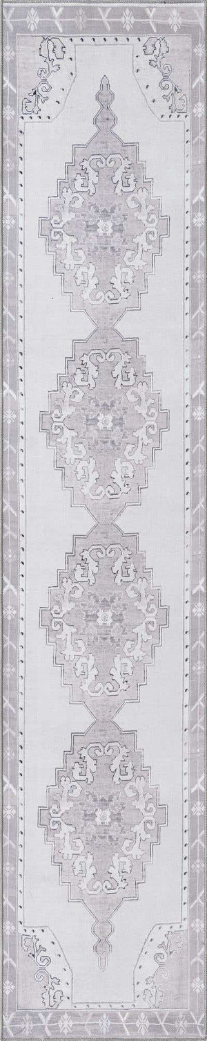 Washable white Gray 2' 6 x 12' Timeless Runner Area Rug Easy to Clean Stain Resistant & Durable Traditional Classic Vintage Design Carpet for Sale at Rug Engine