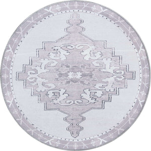 Washable white Gray 3' 6 x 3' 6 Timeless Round Area Rug Easy to Clean Stain Resistant & Durable Traditional Classic Vintage Design Carpet for Sale at Rug Engine