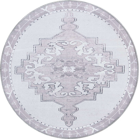 Washable white Gray 3' 6 x 3' 6 Timeless Round Area Rug Easy to Clean Stain Resistant & Durable Traditional Classic Vintage Design Carpet for Sale at Rug Engine