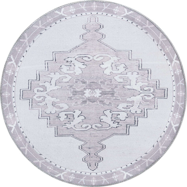 Washable white Gray 3' 6 x 3' 6 Timeless Round Area Rug Easy to Clean Stain Resistant & Durable Traditional Classic Vintage Design Carpet for Sale at Rug Engine