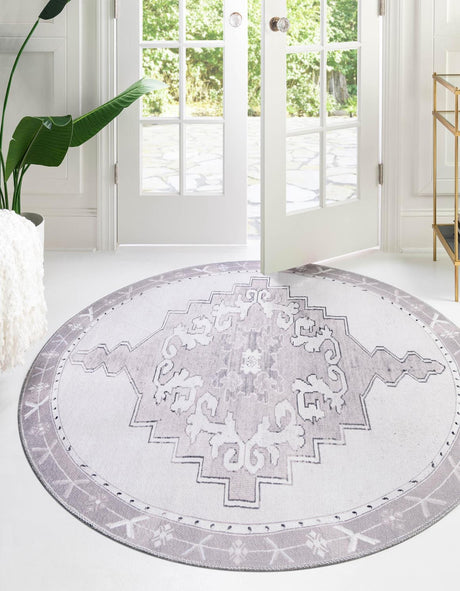 Washable white Gray 7' 7 x 7' 7 Timeless Round Area Rug Easy to Clean Stain Resistant & Durable Traditional Classic Vintage Design Carpet for Sale at Rug Engine