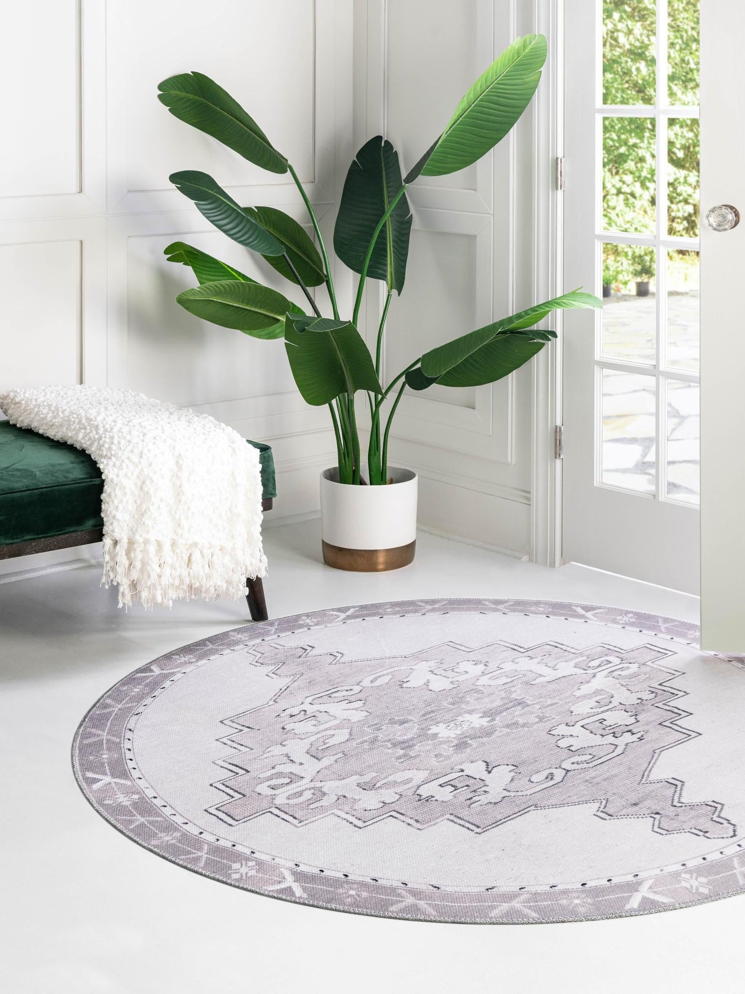 Washable white Gray 5' x 5' Timeless Round Area Rug Easy to Clean Stain Resistant & Durable Traditional Classic Vintage Design Carpet for Sale at Rug Engine