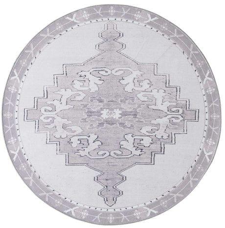 Washable white Gray 5' x 5' Timeless Round Area Rug Easy to Clean Stain Resistant & Durable Traditional Classic Vintage Design Carpet for Sale at Rug Engine