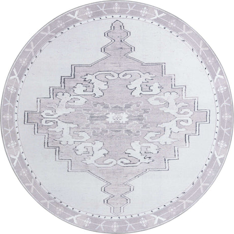 Washable white Gray 7' 7 x 7' 7 Timeless Round Area Rug Easy to Clean Stain Resistant & Durable Traditional Classic Vintage Design Carpet for Sale at Rug Engine