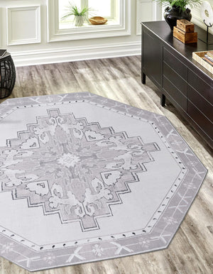 Washable white Gray 5' x 5' Timeless Octagon Area Rug Easy to Clean Stain Resistant & Durable Traditional Classic Vintage Design Carpet for Sale at Rug Engine