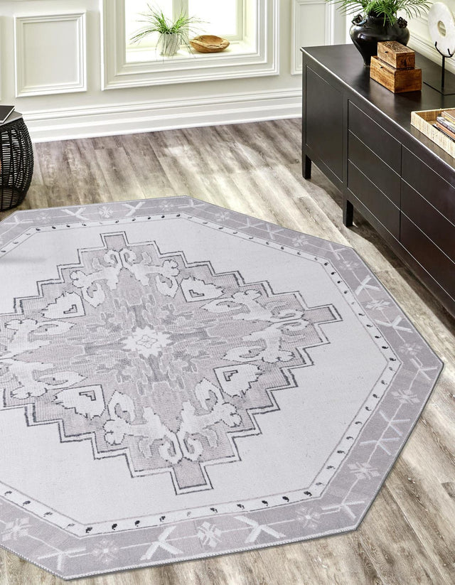 Washable white Gray 5' x 5' Timeless Octagon Area Rug Easy to Clean Stain Resistant & Durable Traditional Classic Vintage Design Carpet for Sale at Rug Engine
