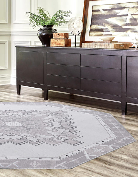 Washable white Gray 7' 6 x 7' 6 Timeless Octagon Area Rug Easy to Clean Stain Resistant & Durable Traditional Classic Vintage Design Carpet for Sale at Rug Engine