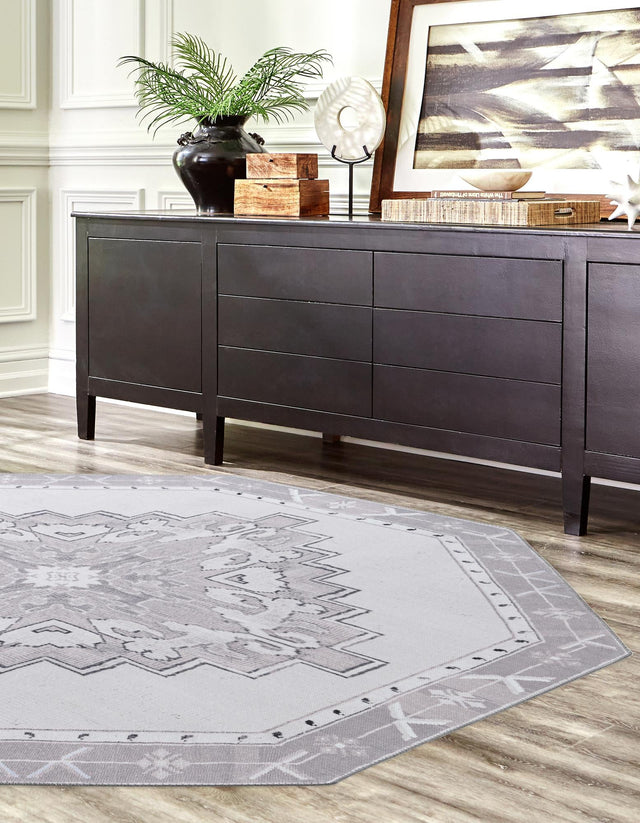 Washable white Gray 5' x 5' Timeless Octagon Area Rug Easy to Clean Stain Resistant & Durable Traditional Classic Vintage Design Carpet for Sale at Rug Engine