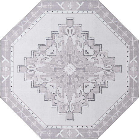 Washable white Gray 7' 6 x 7' 6 Timeless Octagon Area Rug Easy to Clean Stain Resistant & Durable Traditional Classic Vintage Design Carpet for Sale at Rug Engine
