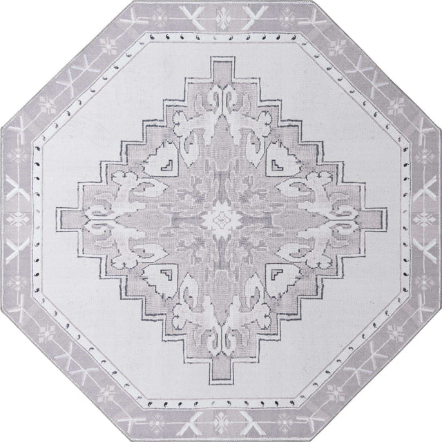Washable white Gray 7' 6 x 7' 6 Timeless Octagon Area Rug Easy to Clean Stain Resistant & Durable Traditional Classic Vintage Design Carpet for Sale at Rug Engine