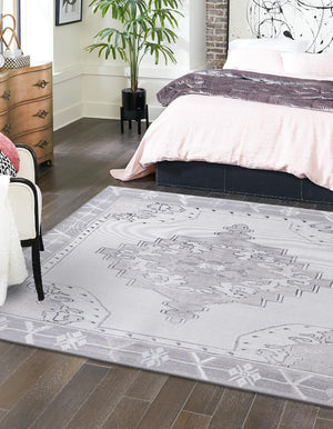 Washable white Gray 7' 6 x 7' 6 Timeless Square Area Rug Easy to Clean Stain Resistant & Durable Traditional Classic Vintage Design Carpet for Sale at Rug Engine