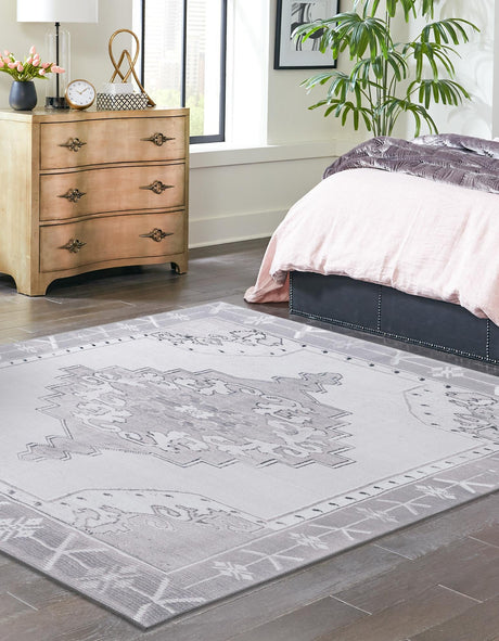 Washable white Gray 7' 6 x 7' 6 Timeless Square Area Rug Easy to Clean Stain Resistant & Durable Traditional Classic Vintage Design Carpet for Sale at Rug Engine