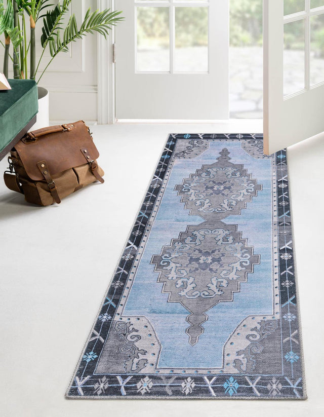 Washable Blue Gray 2' x 4' Timeless Runner Area Rug Easy to Clean Stain Resistant & Durable Traditional Classic Vintage Design Carpet for Sale at Rug Engine