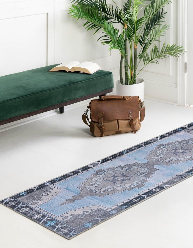 Washable Blue Gray 2' x 7' 10 Timeless Runner Area Rug Easy to Clean Stain Resistant & Durable Traditional Classic Vintage Design Carpet for Sale at Rug Engine