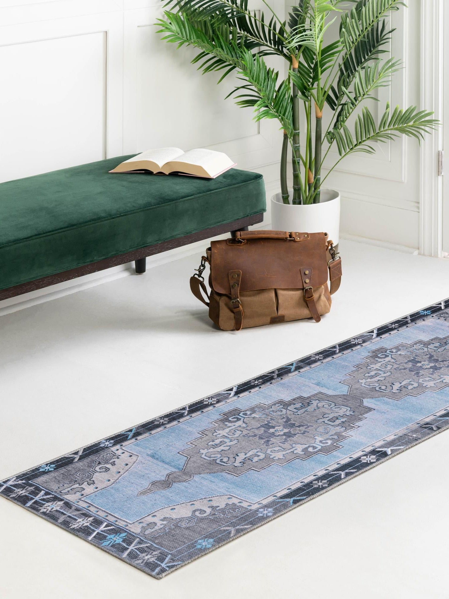 Washable Blue Gray 2' 6 x 14' Timeless Runner Area Rug Easy to Clean Stain Resistant & Durable Traditional Classic Vintage Design Carpet for Sale at Rug Engine
