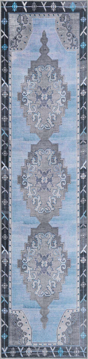 Washable Blue Gray 2' 6 x 10' Timeless Runner Area Rug Easy to Clean Stain Resistant & Durable Traditional Classic Vintage Design Carpet for Sale at Rug Engine