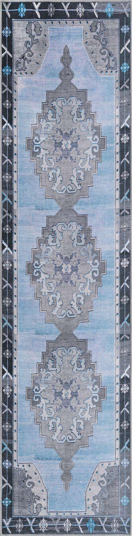 Washable Blue Gray 2' 6 x 10' Timeless Runner Area Rug Easy to Clean Stain Resistant & Durable Traditional Classic Vintage Design Carpet for Sale at Rug Engine