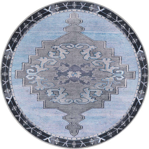 Washable Blue Gray 3' 6 x 3' 6 Timeless Round Area Rug Easy to Clean Stain Resistant & Durable Traditional Classic Vintage Design Carpet for Sale at Rug Engine