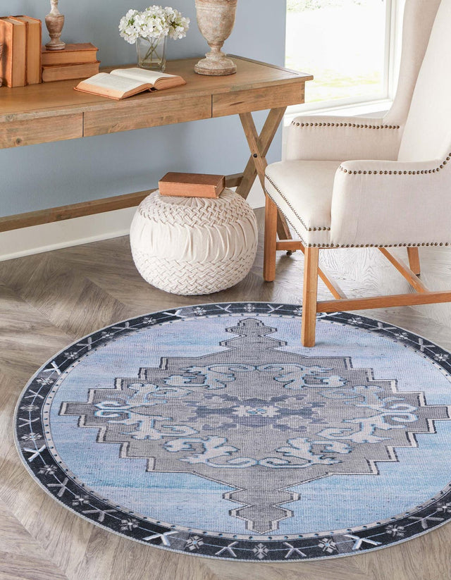Washable Blue Gray 7' 7 x 7' 7 Timeless Round Area Rug Easy to Clean Stain Resistant & Durable Traditional Classic Vintage Design Carpet for Sale at Rug Engine