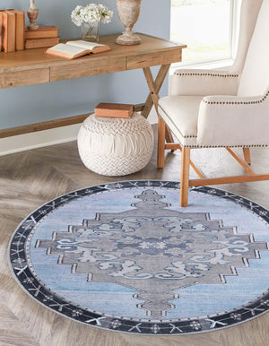 Washable Blue Gray 5' x 5' Timeless Round Area Rug Easy to Clean Stain Resistant & Durable Traditional Classic Vintage Design Carpet for Sale at Rug Engine