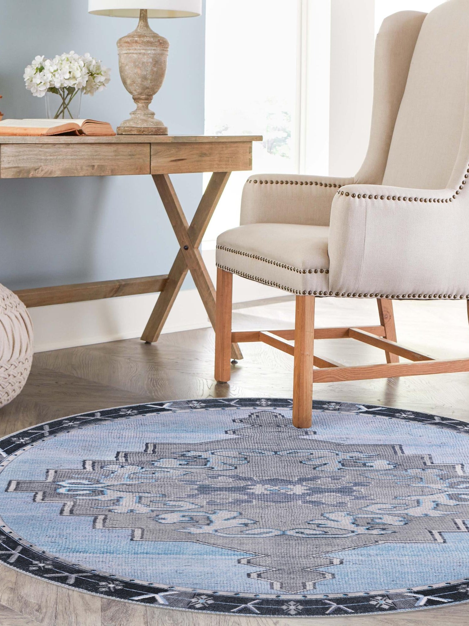 Washable Blue Gray 7' 7 x 7' 7 Timeless Round Area Rug Easy to Clean Stain Resistant & Durable Traditional Classic Vintage Design Carpet for Sale at Rug Engine