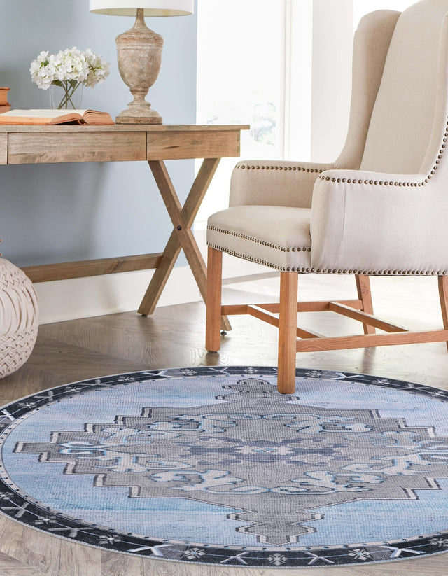 Washable Blue Gray 7' 7 x 7' 7 Timeless Round Area Rug Easy to Clean Stain Resistant & Durable Traditional Classic Vintage Design Carpet for Sale at Rug Engine